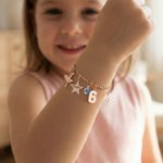 Personalized Lucky Star Heart Seahorse Ballerina Pendant Bead Chain Bracelet with Birthstone Number and Engraved Name Birthday Gift for Kids Girls