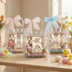 Personalised Pink Bow Ribbon Colourful Easter Eggs Rabbit Chicks Clear Gift Bag with Name and Initial Easter Party Favors Gift for Kids