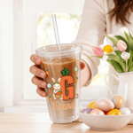 Personlig påskmorotkanin 16 oz plast transparent sugrörsmugg med namn och initialer påskdag födelsedagspresent för barn