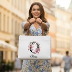 Personalizada Floral Lazo Inicial Gran Capacidad Bolsa de Lona Tote con Nombre y Asa de Piel de PU Regalo de Cumpleaños de Dama de Honor para Mujer
