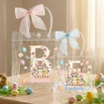 Personalised Pink Bow Ribbon Colourful Easter Eggs Rabbit Chicks Clear Gift Bag with Name and Initial Easter Party Favors Gift for Kids