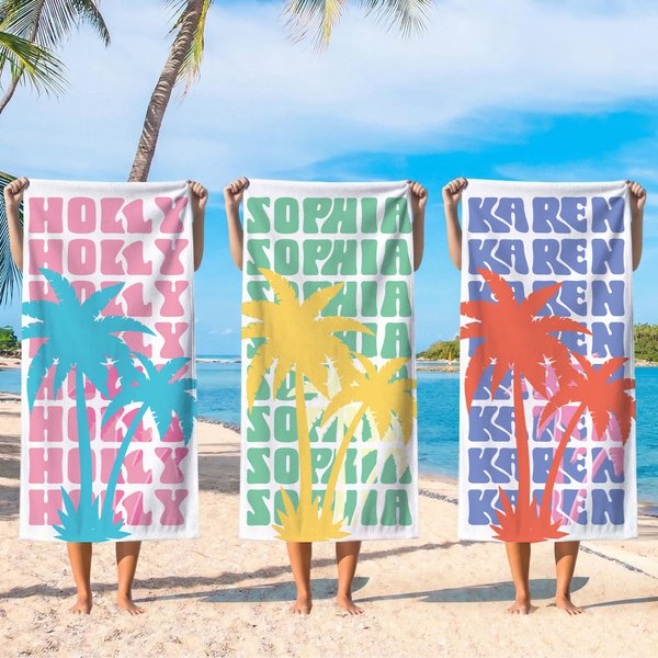 Serviette de plage surdimensionnée avec nom, personnalisée, palmier multicolore, à séchage rapide Cadeau d'anniversaire de vacances d'été pour femmes
