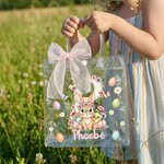 Personalised Pink Bow Ribbon Colourful Easter Eggs Rabbit Chicks Clear Gift Bag with Name and Initial Easter Party Favors Gift for Kids