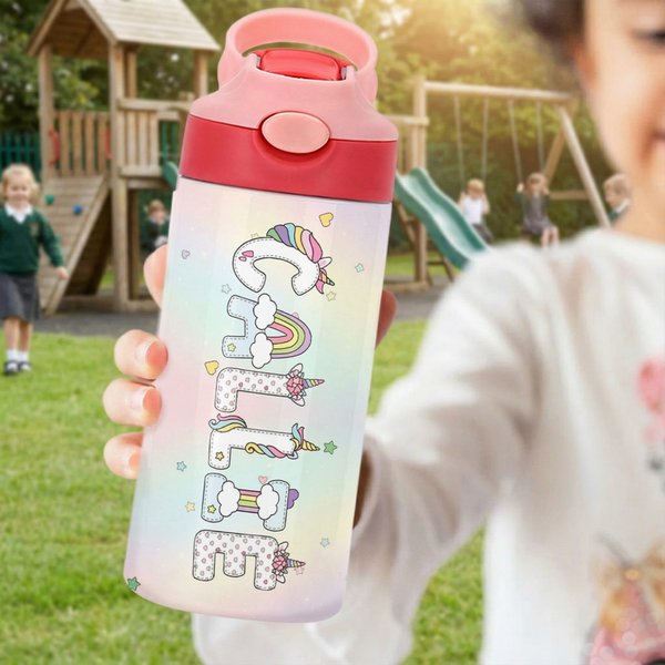 Personalised Fantasy Unicorn Rainbow Name Design 12 oz Insulated Water Bottle Daily Outdoor Sports Use Birthday Back to School Gift for Kids