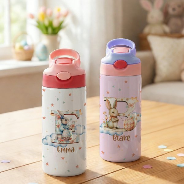 Personalised Cute Easter Bunny Star Initial Name 12 oz Kid Insulated  Water Bottle with Handle and Silicone Straw Easter School Gift for Kids Children