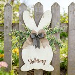 Spersonalizowany drewniany znak z imieniem i nazwiskiem Cute Bunny Double Bows Wielkanocny prezent dla dzieci i rodziny