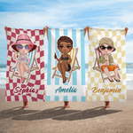 Personalisiertes kariertes oder gestreiftes Strandtuch | mit Cartoon-Figur | schnelltrocknend | Reisezubehör Strand Geburtstag Geschenk für Freunde