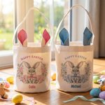 Personalized Cute Wreath Bunny Ears Easter Basket with Name Easter Party Gift for Boys Girls