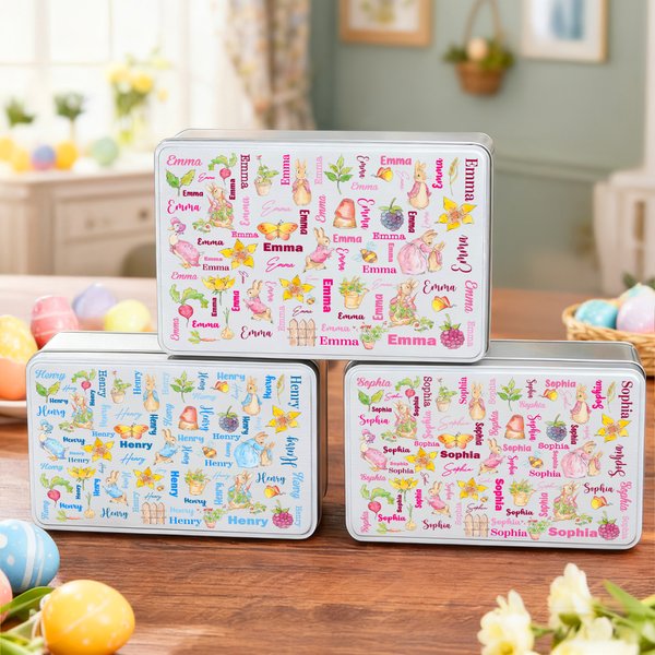 Personalised Cute Peter Rabbit Radish Word Cloud Biscuit Tin Storage Box with Name Daily Use Easter Gift for Boys Girls