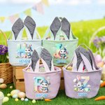 Cestino pasquale personalizzato con nome del coniglio e orecchie di coniglio, con uova iniziali, regalo di Pasqua per bambini.
