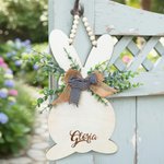 Spersonalizowany drewniany znak z imieniem i nazwiskiem Cute Bunny Double Bows Wielkanocny prezent dla dzieci i rodziny