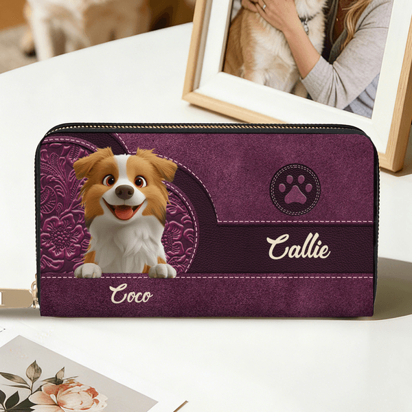 Personalised 3D Cartoon Dog Retro Heart PU Leather Hand Wallet with Name and Zipper Daily Use Birthday Mother's Day Gift for Pet Owner Lover