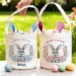 Personalized Cute Wreath Bunny Ears Easter Basket with Name Easter Party Gift for Boys Girls