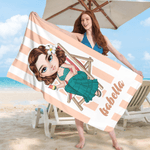 Personalisiertes kariertes oder gestreiftes Strandtuch | mit Cartoon-Figur | schnelltrocknend | Reisezubehör Strand Geburtstag Geschenk für Freunde