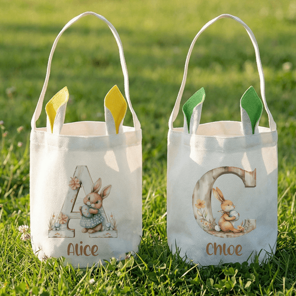 Personalized Cute Flower Bunny Ears Retro Initial Easter Basket with Name Eggs Hunting Party Favor Easter Gift for Boys Girls