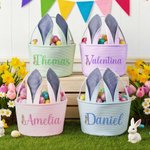 Cesta de Pascua personalizada a rayas con orejas de conejo nombre e inicial regalo para la búsqueda de huevos de Pascua para niños