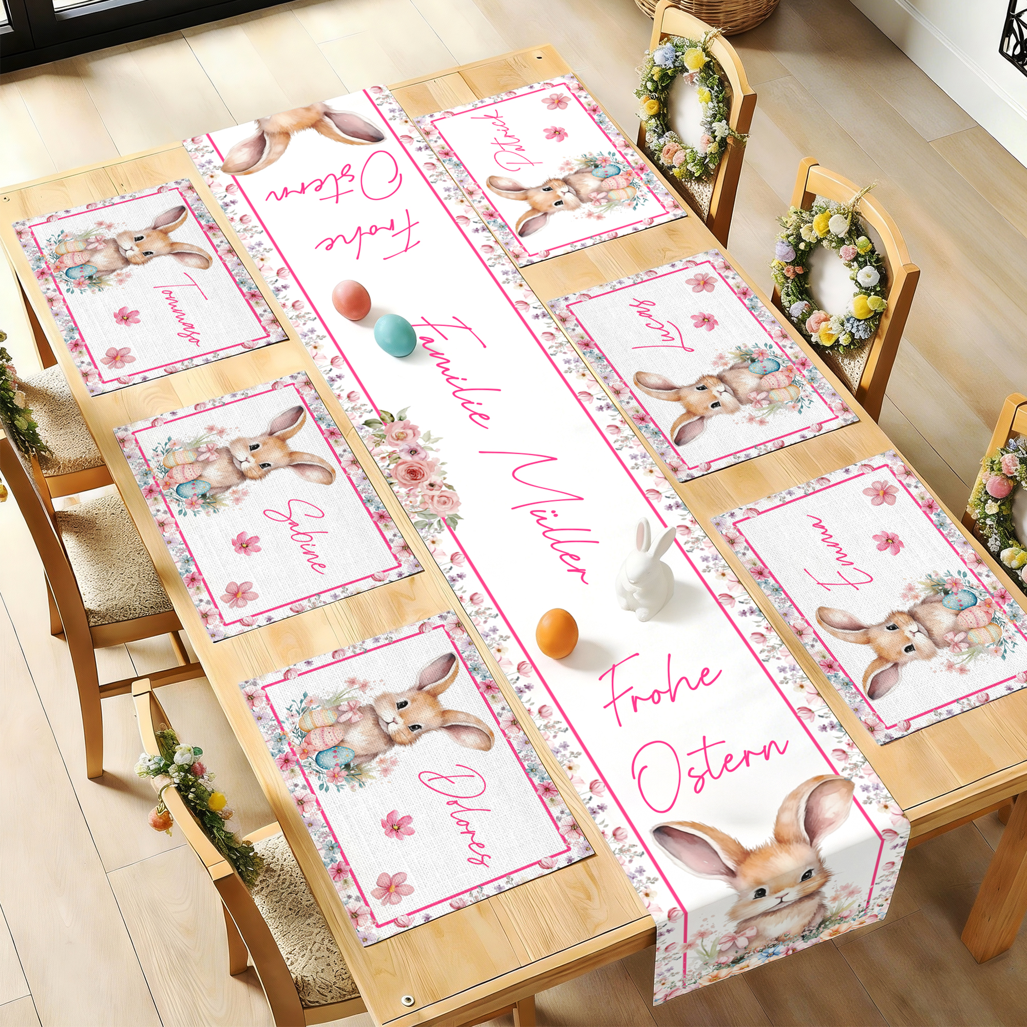 Personalisiertes Oster-Tischset inklusive Tischläufer und Platzsets mit Aquarell Osterhasen Namen und Wunschtext Tischdeko Ostern Geschenk für Familie