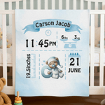 Personalisierte niedliche Bär Muster erste weiche Decke mit Namen und Geburt Informationen Kinderzimmer Zimmer Dekoration Geburtstagsgeschenk für Neugeborene werfen