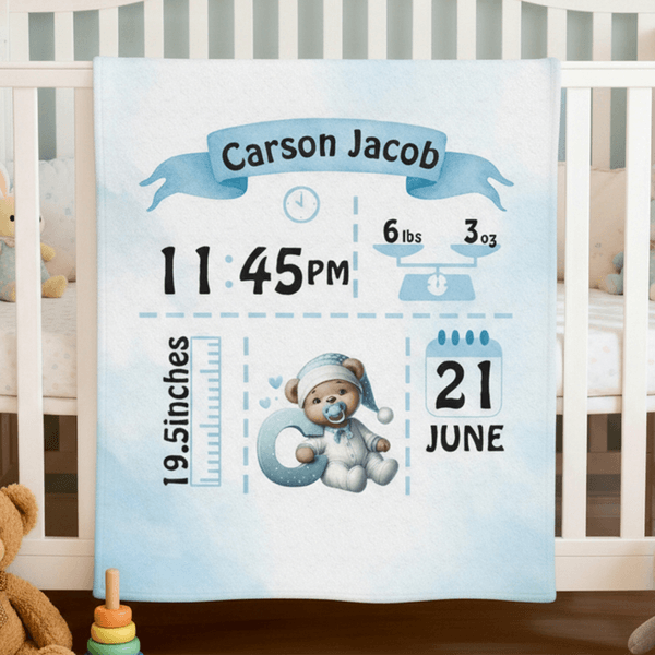 Personalized Cute Bear Pattern Initial Soft Throw Blanket with Name and Birth Information Nursery Room Decor Birthday Gift for Newborns
