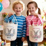 Personalized Cute Wreath Bunny Ears Easter Basket with Name Easter Party Gift for Boys Girls