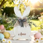 Spersonalizowany drewniany znak z imieniem i nazwiskiem Cute Bunny Double Bows Wielkanocny prezent dla dzieci i rodziny