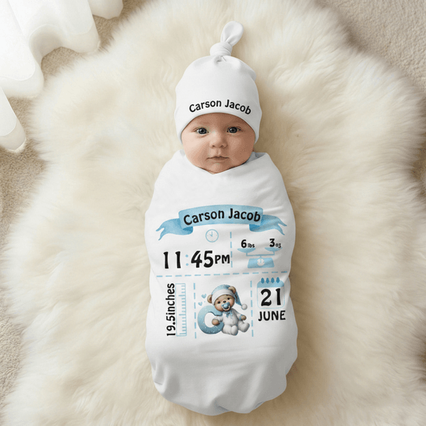 Personalized Cute Bear 100% Cotton Swaddle Blanket and Hat Set with Initial and Name Birthday Baby Shower Gift for Newborn Baby