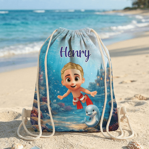 Personalised Cute 3D Diving Character Sea Animal  Drawstring Beach Backpack with Name Beach Party Birthday Gift for Kids Adults