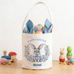 Personalized Cute Wreath Bunny Ears Easter Basket with Name Easter Party Gift for Boys Girls