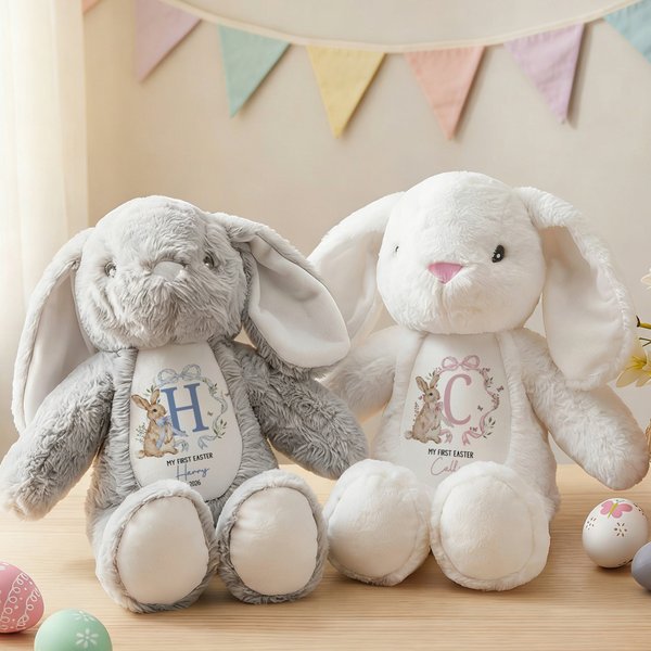 Personalised Cute Wreath Rabbit Initial Plush Easter Bunny Stuffed Toy with Name and Year Easter Gift for Newborns Kids