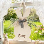 Spersonalizowany drewniany znak z imieniem i nazwiskiem Cute Bunny Double Bows Wielkanocny prezent dla dzieci i rodziny
