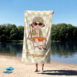 Personalisiertes kariertes oder gestreiftes Strandtuch | mit Cartoon-Figur | schnelltrocknend | Reisezubehör Strand Geburtstag Geschenk für Freunde