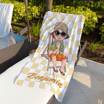 Personalisiertes kariertes oder gestreiftes Strandtuch | mit Cartoon-Figur | schnelltrocknend | Reisezubehör Strand Geburtstag Geschenk für Freunde