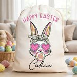 Personalized Happy Easter Cartoon Bunny Canvas Drawstring Gift Bag with Name Easter Hunting Party Gift for Boys Girls