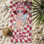 Personalisiertes kariertes oder gestreiftes Strandtuch | mit Cartoon-Figur | schnelltrocknend | Reisezubehör Strand Geburtstag Geschenk für Freunde