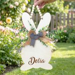 Spersonalizowany drewniany znak z imieniem i nazwiskiem Cute Bunny Double Bows Wielkanocny prezent dla dzieci i rodziny