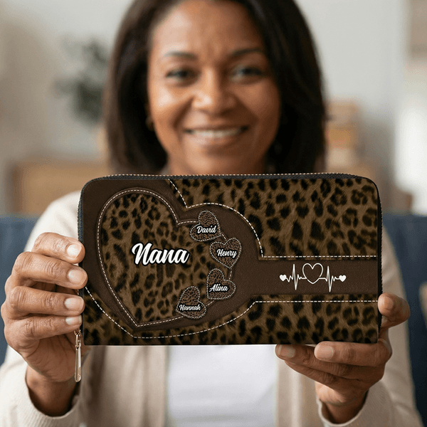 Personalisierte Herz Gigi Nana 1-10 Namen Leopard PU Leder Geldbörse mit Titel täglichen Gebrauch Muttertag Geschenk für Mutter Großmutter