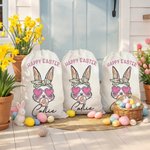 Personalized Happy Easter Cartoon Bunny Canvas Drawstring Gift Bag with Name Easter Hunting Party Gift for Boys Girls
