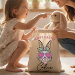 Personalized Happy Easter Cartoon Bunny Canvas Drawstring Gift Bag with Name Easter Hunting Party Gift for Boys Girls