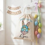 Personalized Happy Easter Cartoon Bunny Canvas Drawstring Gift Bag with Name Easter Hunting Party Gift for Boys Girls