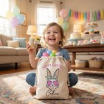 Personalized Happy Easter Cartoon Bunny Canvas Drawstring Gift Bag with Name Easter Hunting Party Gift for Boys Girls