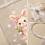 Personalized Cute Pink Blue Rabbit Checkered Initial Clear Gift Bag with Name and Pink Bow Ribbon Easter Egg Hunting Party Favors Gift for Kids