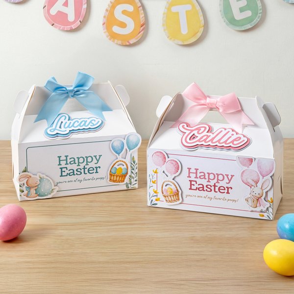 Personalized Cute Bunny Balloon Easter Egg Bow Paper Easter Treat Box with Name Easter Basket Party Favor Gift for Kids Boys Girls