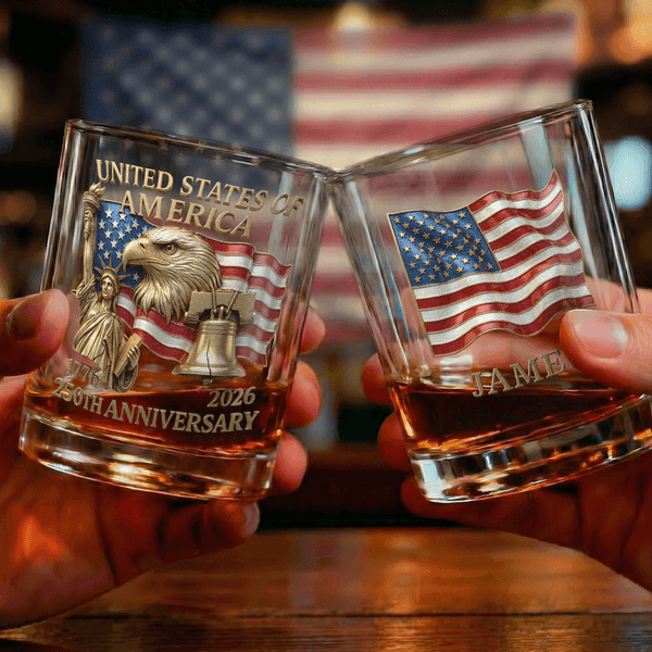 Personalised Eagle Statue of Liberty American Flag 10 oz Whiskey Glass with Name America's 250th Anniversary Gift for Dad Whiskey Lover