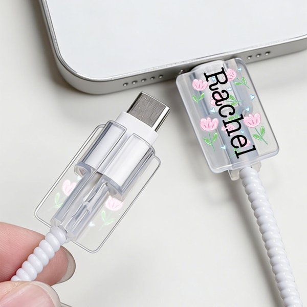 Personalizado Corazón Mariposa Flor Transparente Protector de Cable con Nombre para iPhone Tipo-C Cargador Juego de 2 Cumpleaños Aniversario Regalo para Familia Amigos