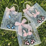 Personalizzato nastro rosa arco coniglietto orecchie sacchetto trasparente con nome uova caccia partito favore regalo di Pasqua per ragazzi ragazze