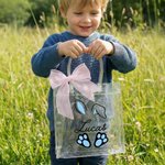 Personalizzato nastro rosa arco coniglietto orecchie sacchetto trasparente con nome uova caccia partito favore regalo di Pasqua per ragazzi ragazze