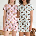 Personalized Star 1-4 Face Photos Checkerboard Pattern Pajama Set with Name Daily Wear Birthday Gift for Grandma Mom Woman Pet Lover