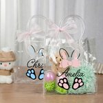 Personalizzato nastro rosa arco coniglietto orecchie sacchetto trasparente con nome uova caccia partito favore regalo di Pasqua per ragazzi ragazze