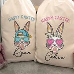 Personalized Happy Easter Cartoon Bunny Canvas Drawstring Gift Bag with Name Easter Hunting Party Gift for Boys Girls