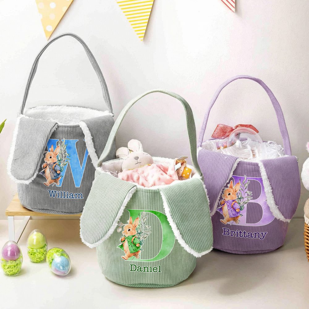 Personalized Cute Watercolor Bunny Corduroy Easter Basket with Name and Initial Outdoor Activities Easter Egg Hunting Gift for Kids 3